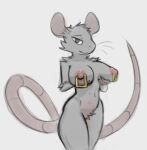  2022 anthro areola breasts female fur grey_body grey_eyes grey_fur hand_on_breast hi_res looking_at_viewer mammal mouse multi_nipple murid murine navel nipple_piercing nipples nude piercing portrait presenting rodent schmutzo simple_background solo three-quarter_portrait whiskers white_background 