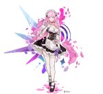  1girl alternate_costume apron artist_name black_dress black_footwear blue_eyes breasts cleavage closed_mouth dress elysia_(honkai_impact) enmaided frilled_dress frills full_body gloves honkai_(series) honkai_impact_3rd long_hair looking_at_viewer maid maid_apron maid_headdress ovosakisilica pink_hair pointy_ears ponytail shoes short_sleeves simple_background solo standing thighhighs white_background white_gloves white_legwear 