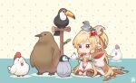  1girl animal_ears animal_on_head baby_penguin bandeau bird blonde_hair botamochi_(exwelder) brown_legwear detached_sleeves feather_hair_ornament feathers granblue_fantasy hair_ornament harvin long_hair mahira_(granblue_fantasy) on_head penguin pigeon red_eyes signature sitting solo symbol-only_commentary thighhighs toucan wariza 