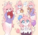  &lt;3 :3 :o ^_^ abstract_background anthro antlers balloon birthday birthday_cake blue_eyes blush blush_lines blush_stickers bottomless breasts cake candle cervid clothed clothing confetti countershade_tail countershade_torso countershading dessert emanata english_text eyes_closed female food freckles fur gift_box hair heart_(marking) hi_res holding_object horn inflatable long_hair mammal markings mistysnugglebug open_mouth open_smile pink_body pink_fur pink_hair pink_nose plushie purple_clothing purple_sweater purple_topwear smile solo spots spotted_markings star_pupils sweater sweater_only teddy_bear text topwear topwear_only 