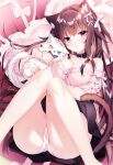  1girl animal_ears bangs bare_legs bare_shoulders bed black_choker black_hair black_skirt blush breasts cat cat_ears cat_tail choker hair_ribbon long_hair long_sleeves looking_at_viewer no_legwear original pants pillow pink_eyes ribbon shiromochi_sakura skirt tail 