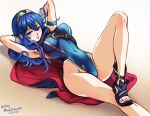  1girl arms_behind_head artist_name belt blue_eyes blue_footwear blue_hair blue_swimsuit cape closed_mouth dated english_text fire_emblem long_hair looking_at_viewer lucina_(fire_emblem) lying mina_cream on_back on_ground one-piece_swimsuit sand sandals solo swimsuit toenails toes two-tone_cape v-shaped_eyebrows 