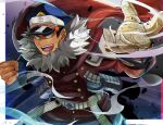  1boy belt black_hair boku_no_hero_academia buttons cape costume debris double-breasted fighting_stance fog fur_trim garters gloves hat highres hose male_focus military_hat military_jacket open_mouth outside_border short_hair single_glove solo superhero teeth thigh_strap tonbanlove tube v-shaped_eyebrows yoarashi_inasa 