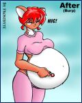  anthro bottomwear breasts candy clothing crop_top dessert domestic_cat felid feline felis female food frostbyte hair kat low_res mammal midriff navel pants pot_belly red_hair shirt solo topwear vore 