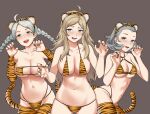  3girls absurdres ahoge animal_ears animal_print asymmetrical_bangs bangs bbk_(13zk) blonde_hair blue_eyes braid breasts chinese_zodiac commission commissioner_upload fire_emblem fire_emblem_fates grey_eyes grey_hair highres large_breasts long_hair multiple_girls navel nina_(fire_emblem) o-ring open_mouth ophelia_(fire_emblem) sophie_(fire_emblem) tail thighhighs tiger_ears tiger_print tiger_stripes tiger_tail twin_braids white_hair year_of_the_tiger 