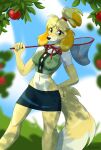  2020 5_fingers animal_crossing anthro apple blonde_hair bottomwear bug_net canid canine canis clothed clothing detailed_background domestic_dog female fingers fur hair hi_res isabelle_(animal_crossing) looking_at_viewer mammal multicolored_body multicolored_fur nintendo outside signature skirt solo two_tone_body two_tone_fur v7eemx video_games 