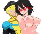  1boy 1girl artist_request bangs bare_arms bare_shoulders black_hair blush breasts crossover eyebrows eyebrows_visible_through_hair hetero invincible_(character) invincible_(series) kill_la_kill large_breasts looking_at_another mask matoi_ryuuko multicolored_hair muscular muscular_male nipples nose red_eyes red_hair short_hair smile source_request superhero teeth topless white_background 