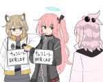  3girls ambriel_(arknights) animal_ears arknights bangs brown_hair closed_mouth food food_in_mouth gloves grey_eyes halo jacket kirara_(arknights) kumamoto_aichi long_hair multiple_girls nail_polish open_clothes open_jacket pink_hair pocky purple_eyes short_hair side_ponytail translated utage_(arknights) white_background 