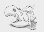  2022 anthro breasts butt canid canine female fluffy fluffy_tail hi_res looking_at_viewer lying mammal monochrome nipples nude open_mouth pawpads schmutzo shadow simple_background solo white_background 