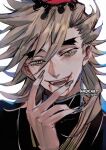  1boy backlighting bangs black_hair blonde_hair blood blood_from_mouth douma_(kimetsu_no_yaiba) fangs fingernails grin hair_ornament hand_up japanese_clothes kadeart kimetsu_no_yaiba long_bangs long_fingernails long_hair long_sleeves looking_at_viewer male_focus multicolored_eyes open_mouth portrait sharp_fingernails smile solo spiked_hair swept_bangs thick_eyebrows turtleneck twitter_username 