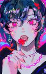  1boy black_hair blush candy food heart highres jewelry lollipop marking_on_cheek necklace original pale_skin pastel_colors pointy_ears red_eyes star_(symbol) tattoo totorolls vampire 