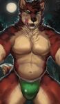  2022 anthro bulge canid canine chest_tuft clothing forest full_moon fur hi_res jockstrap jockstrap_only juiceps licking licking_lips male mammal moon multicolored_body multicolored_fur muscular muscular_anthro muscular_male night plant solo tongue tongue_out tree tuft underwear were werecanid werecanine werewolf 