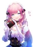  1girl absurdres blue_eyes blush breasts chocolate dress elysia_(honkai_impact) gift gloves happy_valentine heart highres honkai_(series) honkai_impact_3rd large_breasts looking_at_viewer maid pale_skin pink_hair pointy_ears valentine white_background yukki_0125 