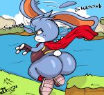  anthro big_breasts big_butt blue_body blue_fur bottomless breasts butt clothed clothing dezmine21 digital_media_(artwork) female fingerless_gloves flying footwear footwear_only fur gloves hair handwear hi_res huge_breasts huge_butt kaze_(kaze_and_the_wild_masks) kaze_and_the_wild_masks lagomorph legwear leporid mammal mostly_nude nipples nude orange_eyes outside rabbit scarf shoes shoes_only short_stack solo text thick_thighs video_games wide_hips 