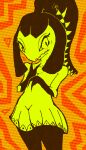  2014 2_fingers abstract_background anthro bittertooth black_hair blush clothing dress eyelashes female fingers hair looking_at_viewer mawile nintendo pok&eacute;mon pok&eacute;mon_(species) portrait simple_background solo video_games yellow_body yellow_skin 