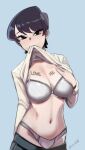  1girl arm_behind_back artist_name black_eyes black_hair blue_background body_writing bra breasts cleavage clothes_lift clothes_pull cowboy_shot english_text groin hand_on_own_chest highres komi-san_wa_komyushou_desu komi_shuuko lace-trimmed_bra lace_trim large_breasts mouth_hold navel panties self_exposure sho-n-d skirt skirt_pull solo sweater sweater_lift underwear 