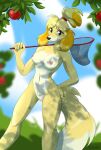  2020 5_fingers animal_crossing anthro apple blonde_hair breasts bug_net canid canine canis detailed_background domestic_dog female fingers fur genitals hair hi_res isabelle_(animal_crossing) looking_at_viewer mammal multicolored_body multicolored_fur nintendo nipples nude outside pussy signature solo two_tone_body two_tone_fur v7eemx video_games 