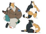  2022 absurd_res anthro belly black_body bottomwear brown_body clothing domestic_cat felid feline felis hi_res kemono male mammal multiple_poses overweight overweight_male pants pose quanjiang sitting solo white_body 