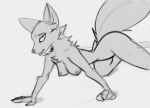  2022 4_fingers all_fours anthro breasts butt canid canine fangs female fingers fluffy fluffy_tail hi_res looking_at_viewer mammal monochrome nipples nude open_mouth schmutzo sketch solo tongue tongue_out 