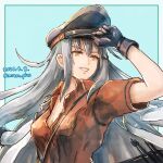  1girl absurdres black_gloves blue_background gangut_(kancolle) gloves grey_hair hat highres jacket jacket_on_shoulders kantai_collection long_hair mitsu_plus one-hour_drawing_challenge orange_eyes partially_unbuttoned peaked_cap red_shirt scar scar_on_cheek scar_on_face shirt short_sleeves solo upper_body white_jacket 