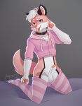  anthro bed canid canine canis chechoty check_tag_type clothing collar erection footwear fur furniture genitals hi_res hinzen hoodie legwear male male/male mammal penis pillow pink_body pink_fur socks solo thigh_highs tights tongue topwear wolf 