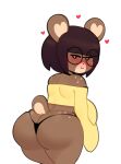  &lt;3 anthro big_butt black_clothing black_thong black_underwear blush brown_body brown_fur brown_hair butt clothing curvy_figure eyewear fur girly glasses hair heart_ears hi_res looking_at_viewer looking_back looking_back_at_viewer male male_(lore) mammal narrowed_eyes shirt smile smiling_at_viewer solo somescrub spots standing thong topwear underwear ursid wide_hips yellow_clothing yellow_shirt yellow_topwear 