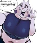  anthro belly belly_overhang big_breasts boss_monster bovid breasts caprine cleavage clothed clothing dialogue ear_piercing english_text female floppy_ears gesture goat hi_res horn huge_breasts isolatedartest mammal mature_female midriff navel overweight overweight_female piercing smile solo talking_to_another text toriel undertale undertale_(series) video_games waving 