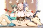  2022 3girls absurdres alcohol arknights arm_around_shoulder bare_legs bare_shoulders barefoot bead_bracelet beads blue_dress blue_eyes blue_hair bracelet breasts breasts_out china_dress chinese_clothes closed_eyes closed_mouth colored_skin detached_collar dragon_girl dragon_horns dragon_tail dress dusk_(arknights) earrings eyebrows_visible_through_hair fangs gradient_skin green_horns green_skin highres horns indian_style jewelry ken_(1057168252) large_breasts ling_(arknights) looking_at_another multicolored_hair multiple_girls necktie new_year nian_(arknights) nipples open_mouth pointy_ears pot red_eyes red_hair red_skin siblings side_slit sisters sitting skindentation sleeveless sleeveless_dress smile streaked_hair tail tassel tassel_earrings tsurime white_hair wing_collar yellow_necktie 