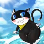  absurd_res anthro atlus balls bandanna beach bikini_thong black_body black_fur black_mask blue_eyes blush bulge clothing cloud curvy_figure domestic_cat felid feline felis fur genitals hi_res inner_ear_fluff kerchief leaning leaning_forward light looking_at_viewer male mammal mask megami_tensei megami_tensei_persona navel outside partially_clothed_male partially_submerged penis persona_(disambiguation) pony_dreaming pulling_down_underwear pupils raised_tail sea seaside shiny_(disambiguation) sky slit_pupils smile smiling_at_viewer solo speedo sun sunlight swimwear teeth toothy_smile tuft video_games voluptuous water wide_hips yellow_bandanna yellow_kerchief 