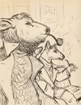  2022 anthro black_and_tan building capreoline caribou_(artist) cervid cervine clothed clothing coat duo elk english_text fully_clothed fur male mammal pipe seat sign sitting smoke smoking sweater text topwear white-tailed_deer 
