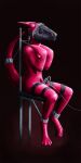  2017 ankle_cuffs anthro bdsm bondage bondage_chair bondage_furniture bound chair clothing cuff_(restraint) forced forced_orgasm furniture gimp gimp_mask hi_res horn machine male mask milking_machine mitokep orgasm penile penis_milking pink_latex reptile restraints rubber rubber_clothing rubber_suit scalie simple_background slave solo straps tail_bondage tail_cuff thigh_strap 