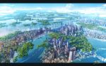  artist_name blue_sky building city cityscape cloud commentary_request day letterboxed no_humans original outdoors scenery signature sky skyscraper tree waisshu_(sougyokyuu) water waterfall 