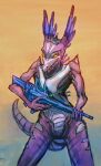  2015 5_fingers alien ambiguous_gender anthro bittertooth countershading dragon fingers gun holding_object holding_weapon portrait purple_body purple_scales ranged_weapon scales scalie simple_background solo spikes spikes_(anatomy) teeth weapon white_body white_scales wingless_dragon yellow_eyes 