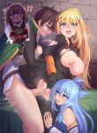  !? 1boy 3girls aqua_(konosuba) bangs bare_shoulders black_bodysuit blonde_hair blue_eyes blue_hair blue_shirt blush bodysuit breasts brown_hair cape chomusuke clothed_sex darkness_(konosuba) detached_sleeves dress green_cape green_eyes hair_ornament hair_rings hetero highres kazu-koto kono_subarashii_sekai_ni_shukufuku_wo! large_breasts long_hair long_sleeves looking_at_viewer megumin multiple_girls nipples open_mouth penis ponytail pussy red_dress red_eyes satou_kazuma sex shirt short_hair short_hair_with_long_locks sidelocks smile spread_legs thighs torn_bodysuit torn_clothes vaginal white_shirt white_sleeves x_hair_ornament 