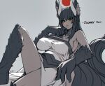  1girl animal_ear_fluff animal_ears animal_feet animal_hands anubis bare_shoulders black_hair breasts commentary dark-skinned_female dark_skin egyptian_mythology ehrrr english_text green_eyes highres large_breasts long_hair open_mouth reclining simple_background slit_pupils solo tail twitter_username 