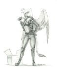  2022 anthro avian baron_engel belt boots bottomwear box breasts clothing collar container eyebrows feathered_wings feathers female footwear friendship_is_magic gilda_(mlp) graphite_(artwork) greyscale gryphon hand_on_hip hi_res jacket knife leather leather_clothing leather_jacket leather_topwear midriff monochrome my_little_pony mythological_avian mythology pants pencil_(artwork) solo tail_tuft topwear traditional_media_(artwork) tuft wings 