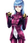  1girl bangs blue_hair blunt_bangs breasts chaps clenched_hands cropped_jacket eyebrows_visible_through_hair gauntlets jacket kula_diamond kurou_(bcrow) large_breasts long_hair long_sleeves looking_at_viewer purple_eyes simple_background solo the_king_of_fighters white_background 