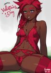  1girl absurdres artist_name babydoll bare_arms bare_shoulders blue_eyes braid breasts chocolate_on_breasts collarbone commentary dark-skinned_female dark_skin english_commentary food grey_background hair_over_shoulder happy_valentine highres lingerie long_hair looking_at_viewer navel original panties parted_lips pocky pointy_ears red_babydoll red_garter_belt red_hair red_legwear red_panties simple_background sitting small_breasts smile solo spread_legs sunna_(nilsunna) thick_eyebrows thighhighs toned underwear valentine 
