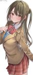  1girl absurdres artist_name blue_vest blush bow bowtie brown_eyes brown_hair brown_jacket collared_shirt commentary hair_between_eyes hand_on_own_chest highres idolmaster idolmaster_cinderella_girls jacket kawai_ritsu_(rits_meg) long_hair long_sleeves looking_at_viewer one_side_up plaid plaid_skirt red_bow red_bowtie red_skirt school_uniform shimamura_uzuki shirt side_ponytail simple_background skirt smile solo twitter_username vest white_background white_shirt 