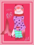  black_sclera blue_eyes blush claws clothing female fin fish footwear great_white_shark hi_res holidays invalid_tag lamnid lamniform looking_at_viewer marine pink_body seabreeze629 semi-anthro shark simple_background socks sweater topwear valentine&#039;s_day 