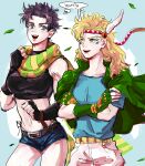  2girls battle_tendency black_hair blue_shirt caesar_anthonio_zeppeli crop_top crossed_arms denim denim_shorts fingerless_gloves genderswap genderswap_(mtf) gloves green_eyes green_jacket green_scarf heoreo jacket jacket_on_shoulders jojo_no_kimyou_na_bouken joseph_joestar joseph_joestar_(young) long_hair midriff multiple_girls scarf shirt short_hair shorts striped striped_scarf t-shirt vertical-striped_scarf vertical_stripes yellow_scarf 