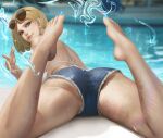  1girl android_18 ass barefoot bikini bikini_top_only blonde_hair blue_eyes blurry blurry_background cutoff_jeans cutoffs denim denim_shorts dragon_ball dragon_ball_z earrings eyewear_on_head jewelry lips looking_at_viewer looking_back lying nail_polish on_stomach pool short_hair shorts solo sunglasses swimsuit teemu_taiga wet 