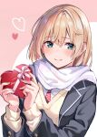  1girl absurdres bangs blonde_hair blue_eyes blush closed_mouth coat heart highres holding looking_away nagiha_kuten necktie original red_necktie ribbon school_uniform short_hair simple_background smile solo upper_body valentine 