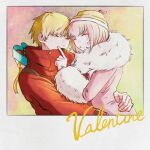  1boy 1girl andou_ruruka bangs blonde_hair closed_mouth coat danganronpa_(series) danganronpa_3_(anime) from_side fur-trimmed_jacket fur_trim gradient gradient_background grin hat izayoi_sounosuke jacket kiri_(2htkz) mouth_hold pink_hair short_hair smile teeth valentine 