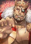  1boy absurdres balor_(housamo) bara bare_pectorals beard black_hair blonde_hair blue_eyes chest_hair chocolate crown cuffs dark-skinned_male dark_skin facial_hair feeding flaming_eye food fruit fur_trim handcuffs highres holding holding_food incoming_food large_pectorals looking_at_viewer male_focus mature_male multicolored_hair muscular muscular_male official_alternate_costume pectorals pov ramusyutarou short_hair smile solo sparkle strawberry tokyo_afterschool_summoners tusks two-tone_hair upper_body valentine 