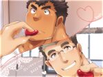  2boys bara blush brown_hair candy chocolate close-up dark-skinned_male dark_skin face facial_hair feeding food glasses goatee heart heart-shaped_chocolate highres interracial kengo_(housamo) kontahsm long_sideburns male_focus multiple_boys multiple_views muscular muscular_male shiro_(housamo) shirt short_hair sideburns smile stubble thick_eyebrows tokyo_afterschool_summoners translation_request valentine white_shirt yaoi 