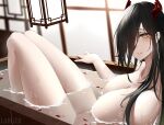  1girl absurdres azur_lane bathing bathtub black_hair breasts chinese_commentary cleavage collarbone completely_nude friedrich_der_grosse_(azur_lane) from_side hair_over_one_eye highres horns knees_up large_breasts larger_bmx legs long_hair looking_at_viewer navel nude parted_lips petals petals_on_liquid red_horns sideboob sitting solo thighs water wet wet_hair yellow_eyes 
