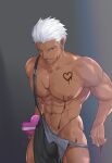  1boy abs apron archer_(fate) bara bare_pectorals black_apron box bulge candy chachi_(soulga) chocolate chocolate_on_pectorals cowboy_shot dark-skinned_male dark_skin fate/grand_order fate/stay_night fate_(series) food from_above gift heart heart-shaped_box heart-shaped_chocolate holding holding_gift large_pectorals long_sideburns looking_at_viewer male_focus male_pubic_hair muscular muscular_male naked_apron navel navel_hair nipples pectorals pubic_hair seductive_smile short_hair sideburns smile solo stomach thick_thighs thighs undressing_another valentine white_hair 