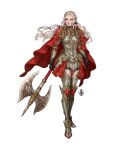  1girl axe boobplate breasts cape closed_mouth edelgard_von_hresvelg fire_emblem fire_emblem:_three_houses fire_emblem_warriors:_three_hopes full_body gloves hair_ornament highres jaeon009 long_hair long_sleeves looking_at_viewer official_alternate_costume official_alternate_hairstyle purple_eyes red_cape simple_background skirt solo white_hair 