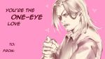  1boy black_eyepatch collared_shirt eyepatch facial_hair grey_eyes hair_behind_ear happy_valentine hyde_(hyde_(tabakko)) hyde_(tabakko) limited_palette long_hair looking_at_viewer male_focus medium_hair one-eyed original parted_hair pointing pointy_ears pose pun red_eyes shirt smoking upper_body v-shaped_eyebrows valentine vampire 